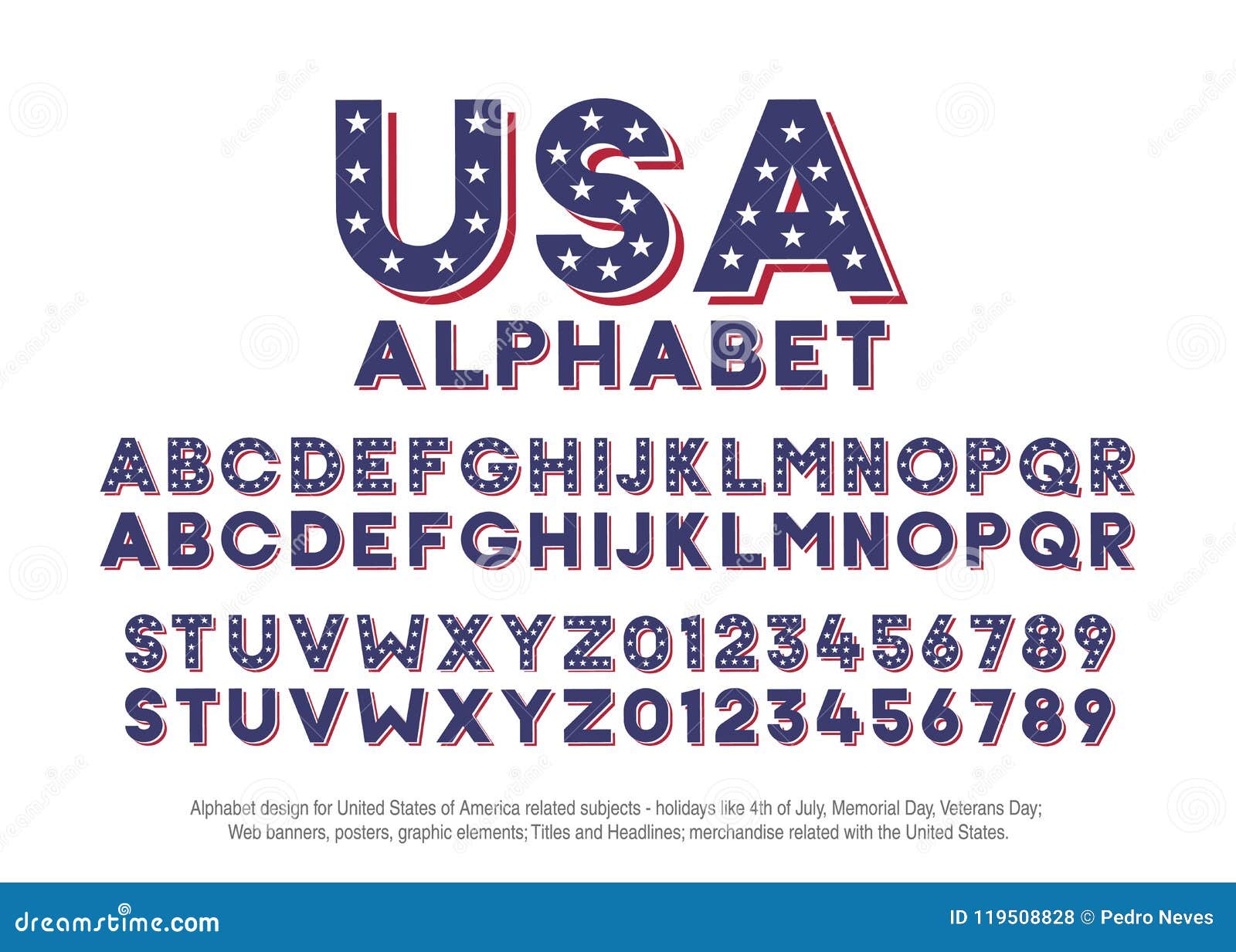 American Alphabet With Usa Flag Colors And Star Shapes Vector Font For