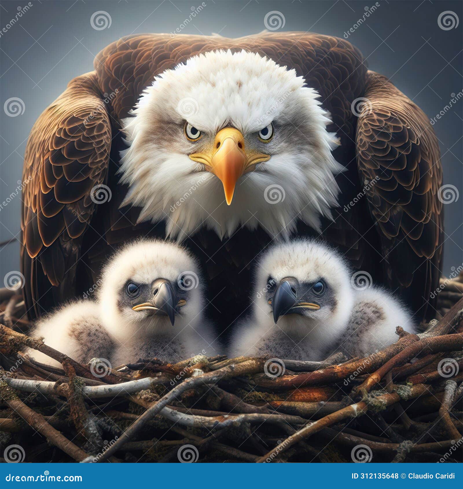 American Bald Eagle in the Nest with Babies Stock Illustration