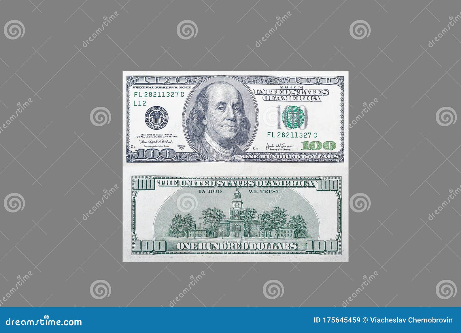 front and back side of one hundred us dollar banknote with portrait of american president benjamin franklin on  gray backg