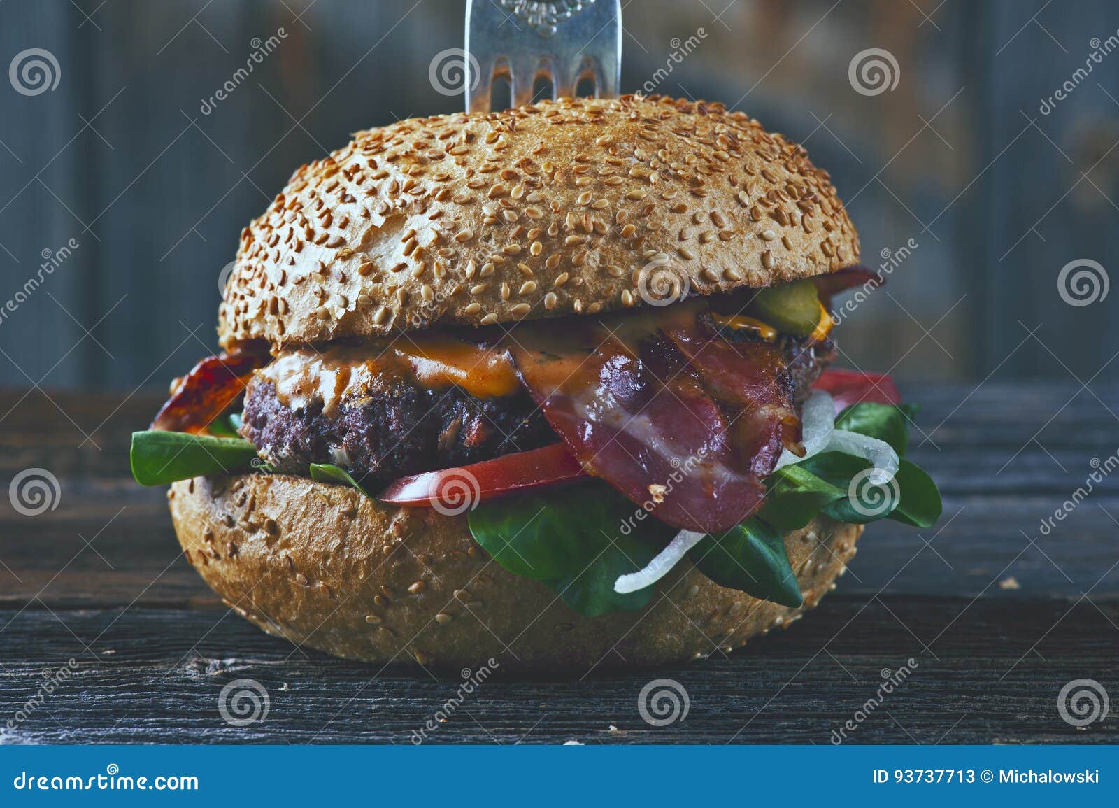American Cheeseburger with Cheddar Cheese with Bacon and Spicy S Stock Image Image of beef