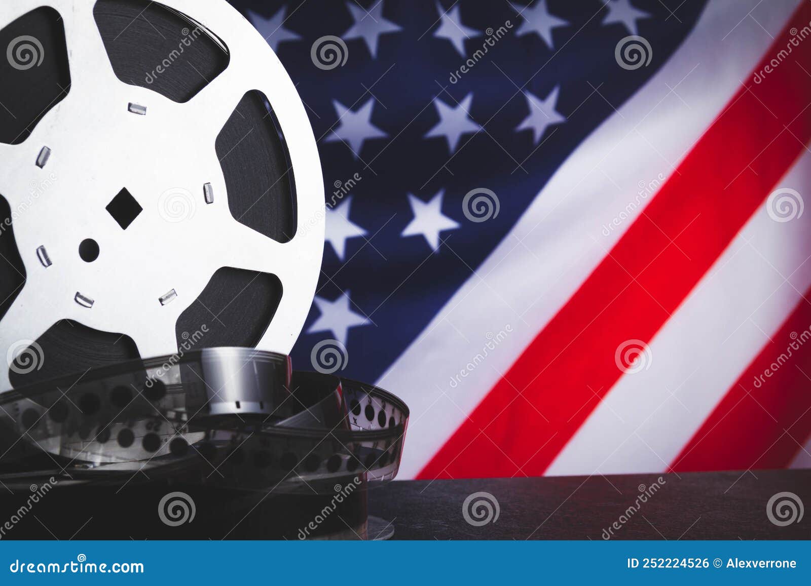 American Cinema. Cinematography in the USA. Old Film Reel. Stock