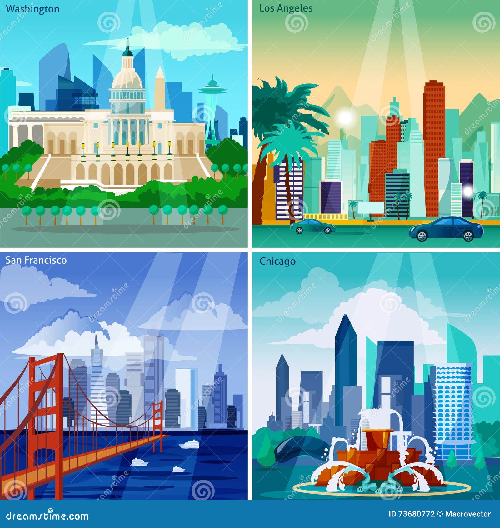 american cityscapes concept icons set