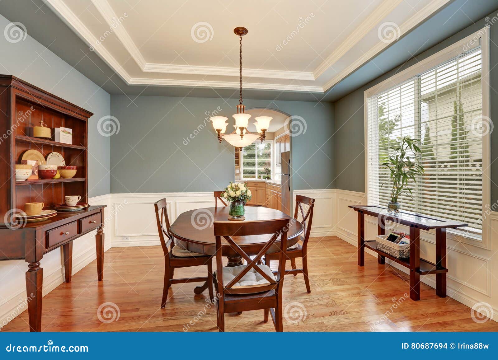 American Classic Dining Room Interior With Green Walls Stock