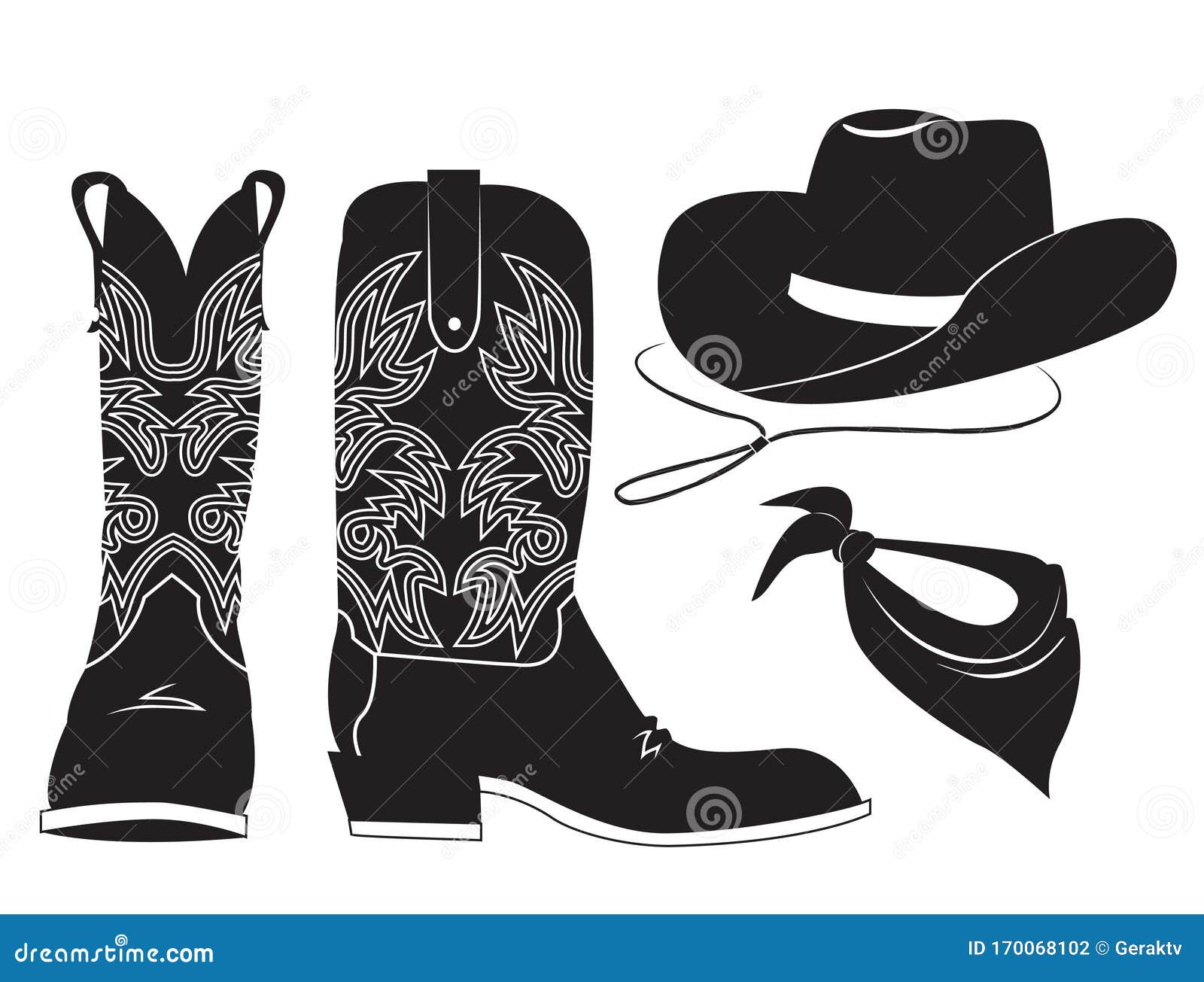 american cowboy clothes.  black graphic  of western boot cowboy hat and bandanna  on white