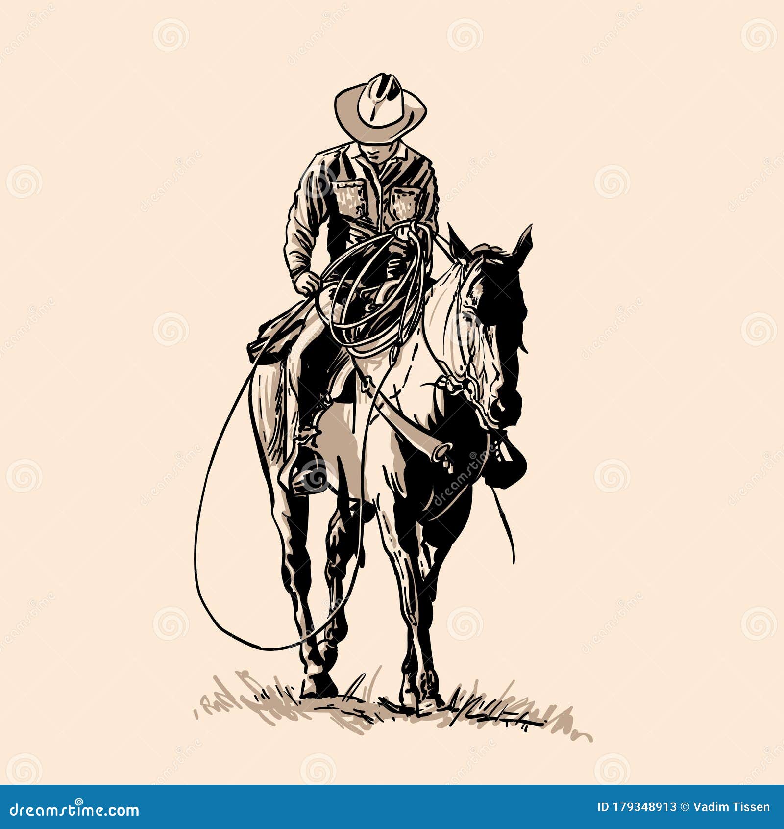 american cowboy riding horse and throwing lasso.