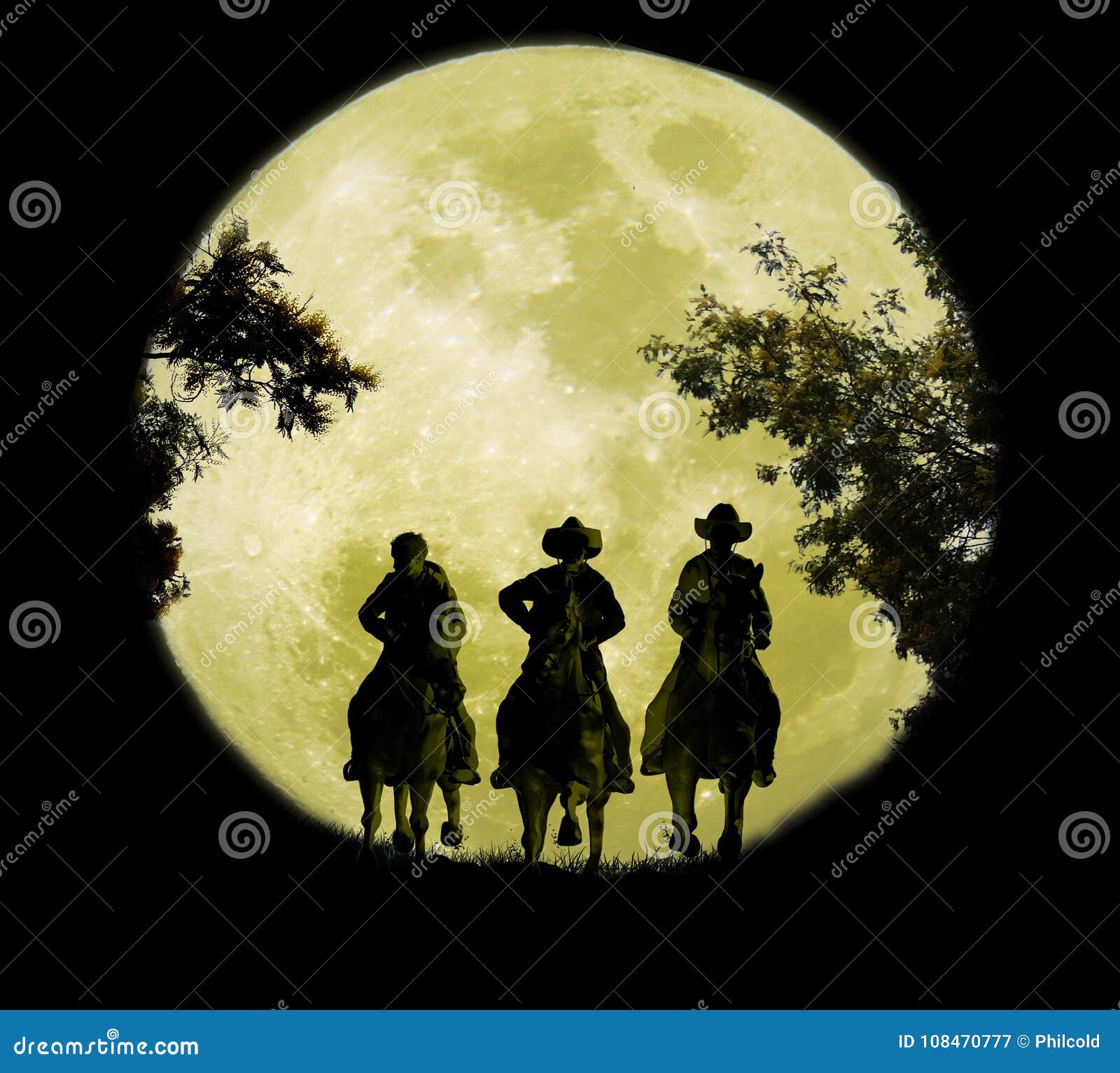 three cowboys under the moonrise