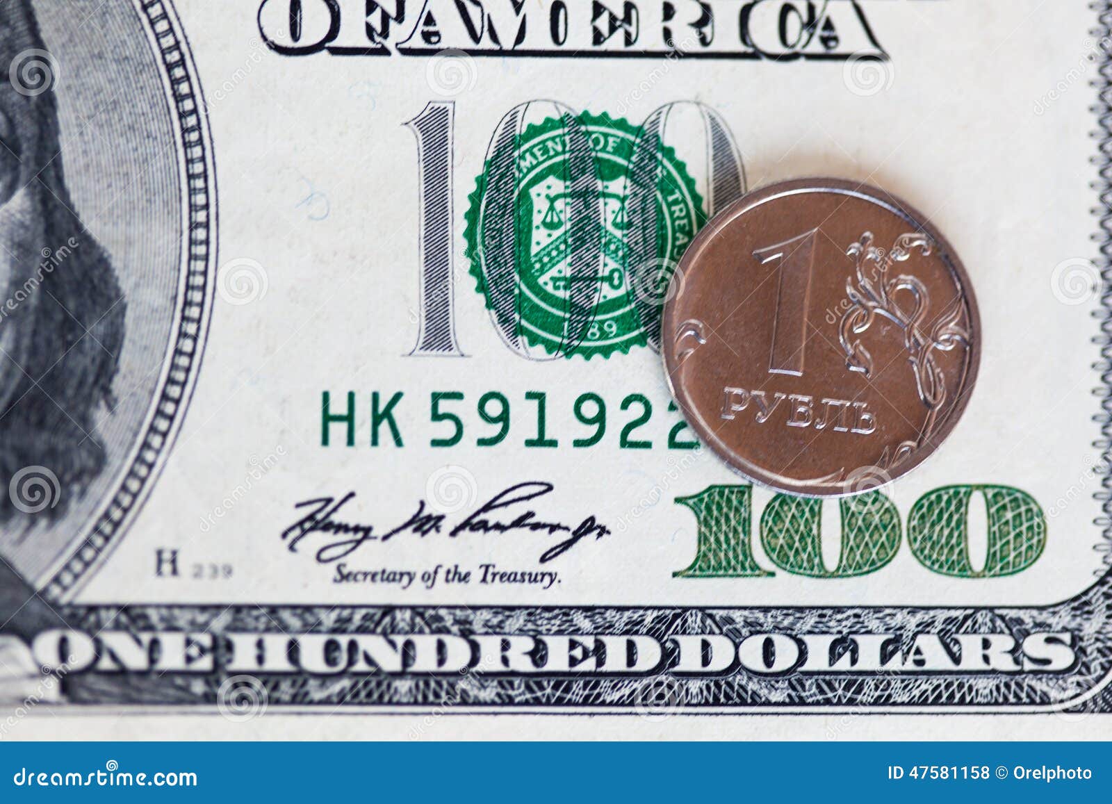 American 100 Dollar Bill And 1 Russian Rubble Stock Photo Image