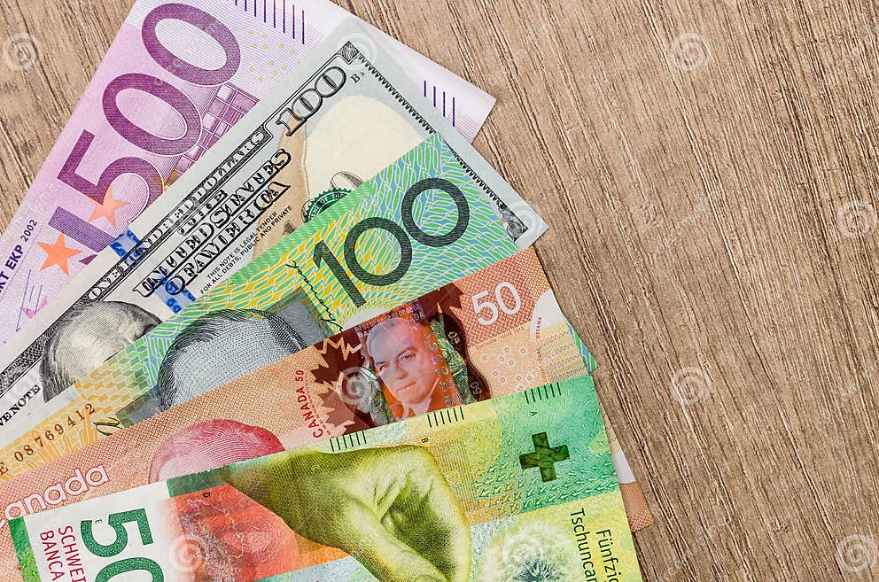 American Dollars, European Euro, Swiss Franc, Canadian Dollar, Australian Dollar Stock Photo