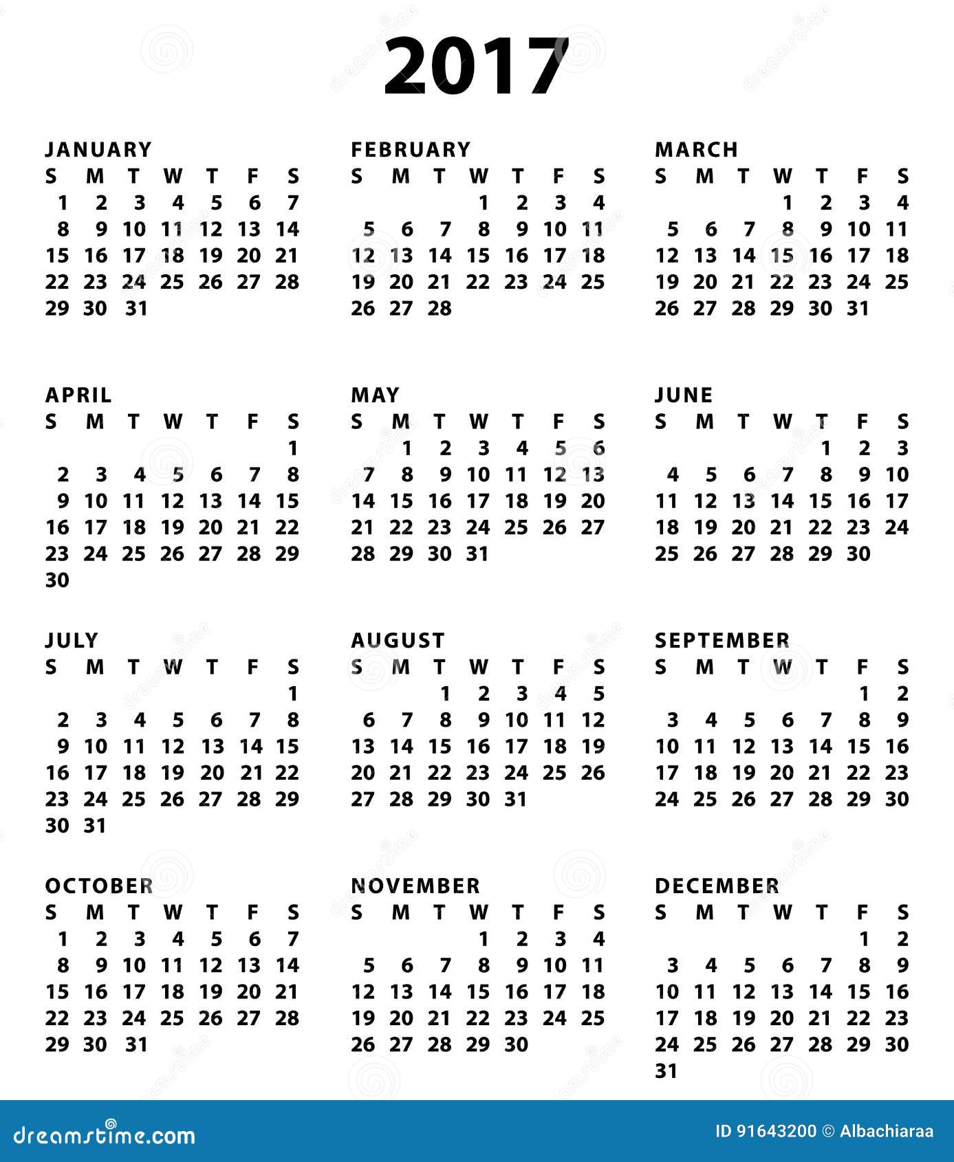 2017 American or English Calendar. Stock Vector Illustration of