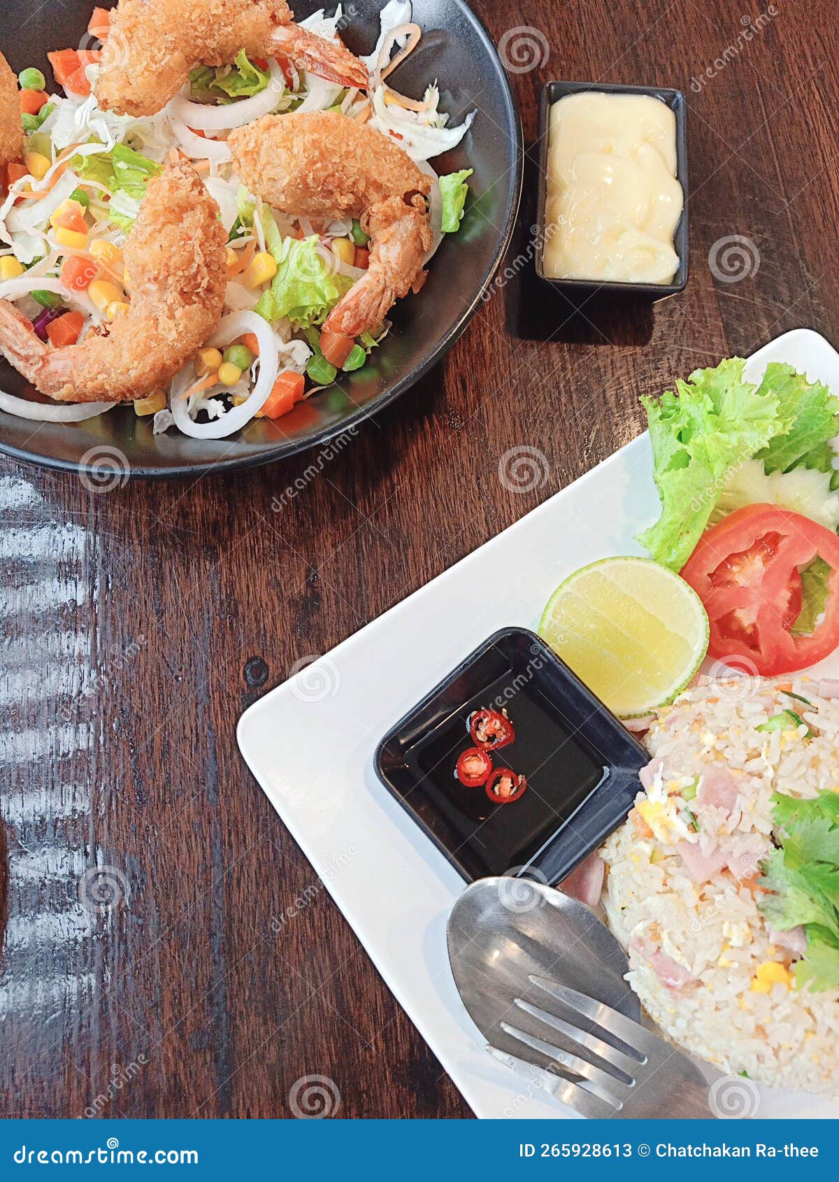 American Fired Rice Served with Shrimp Salad Stock Image - Image of