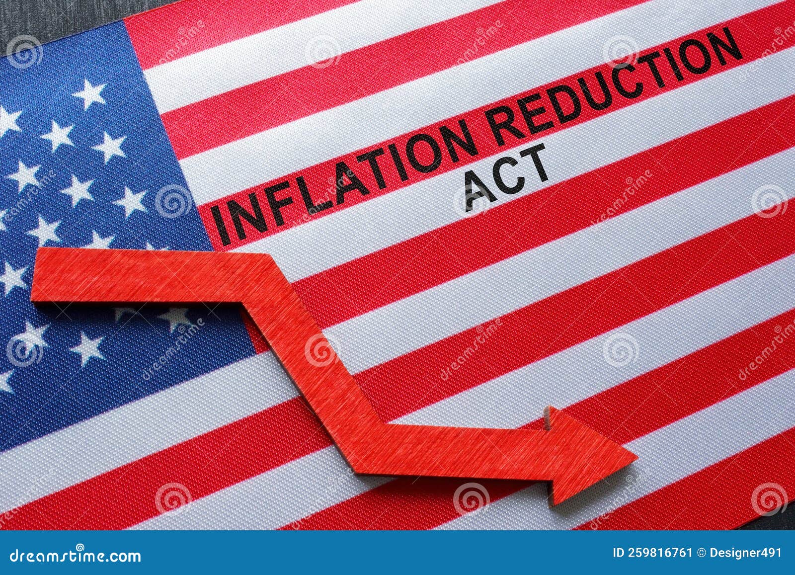 american flag with an arrow and an inscription inflation reduction act.