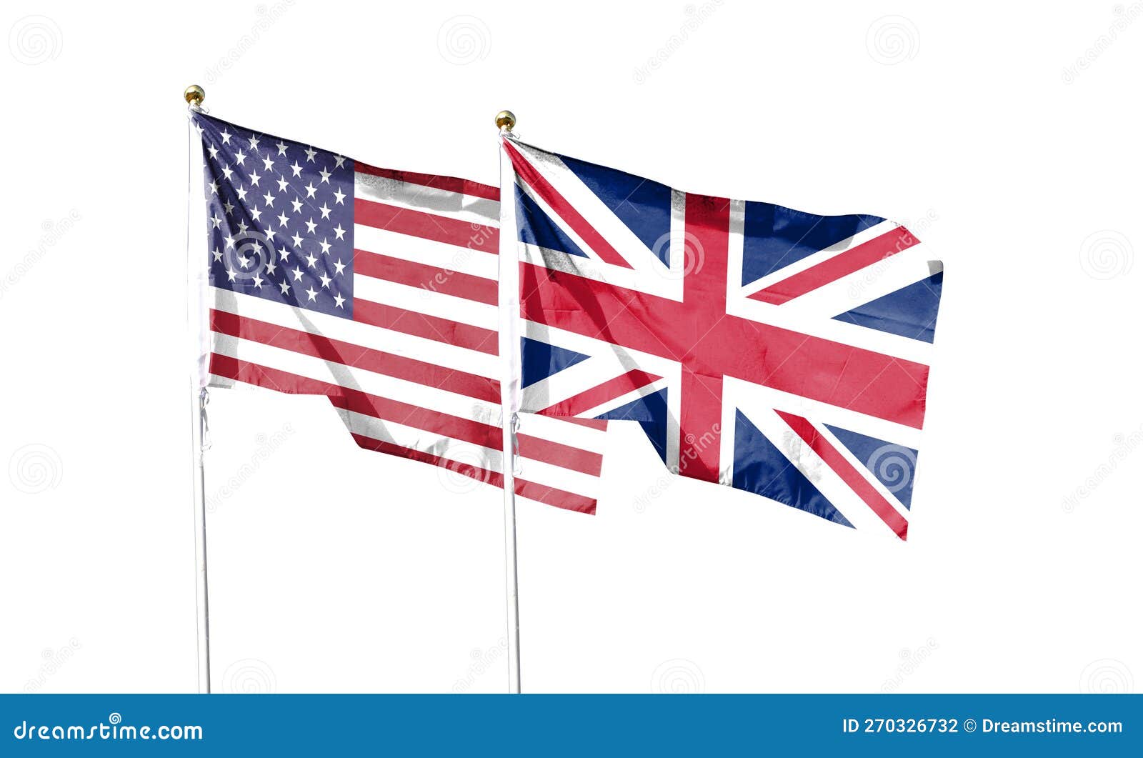American Flag and British Flag on Cloudy Sky. Waving in the Sky Stock