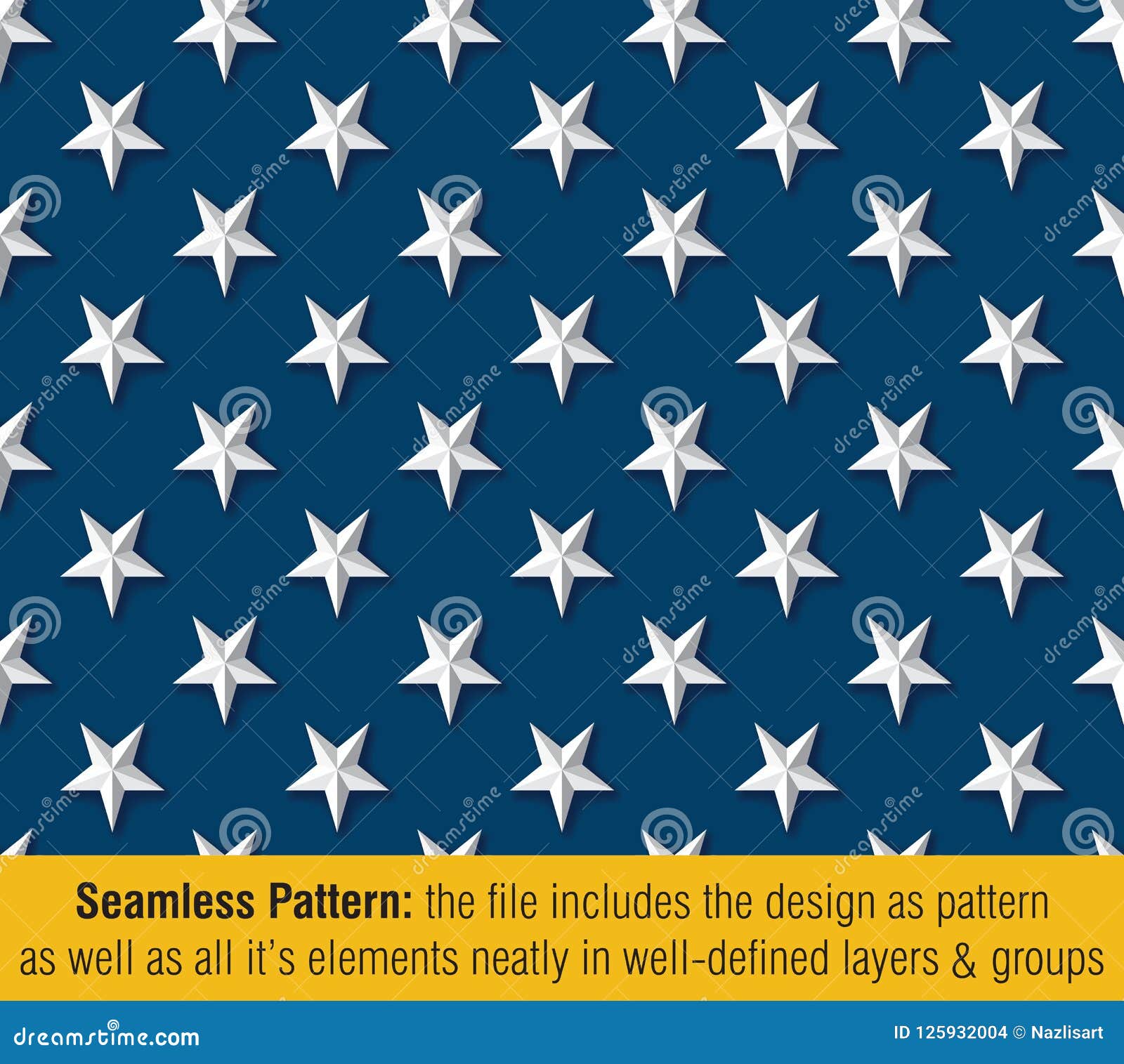 American Flag Embossed Stars Drop Shadow Seamless Pattern Stock