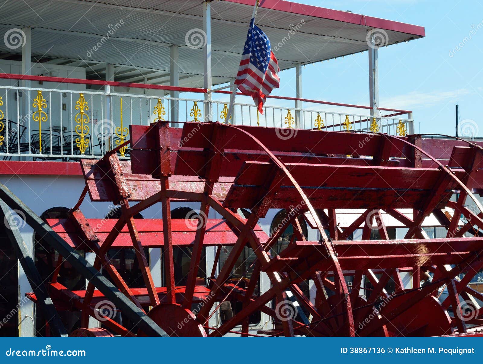 American Flag And Red Paddle Wheel Boat Stock Photo 