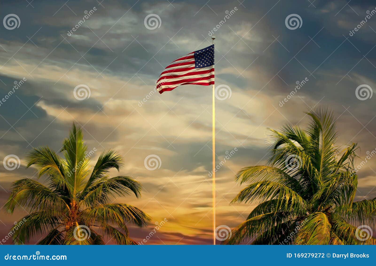 American Flag in Tropical Sunset Stock Photo Image of national, blue