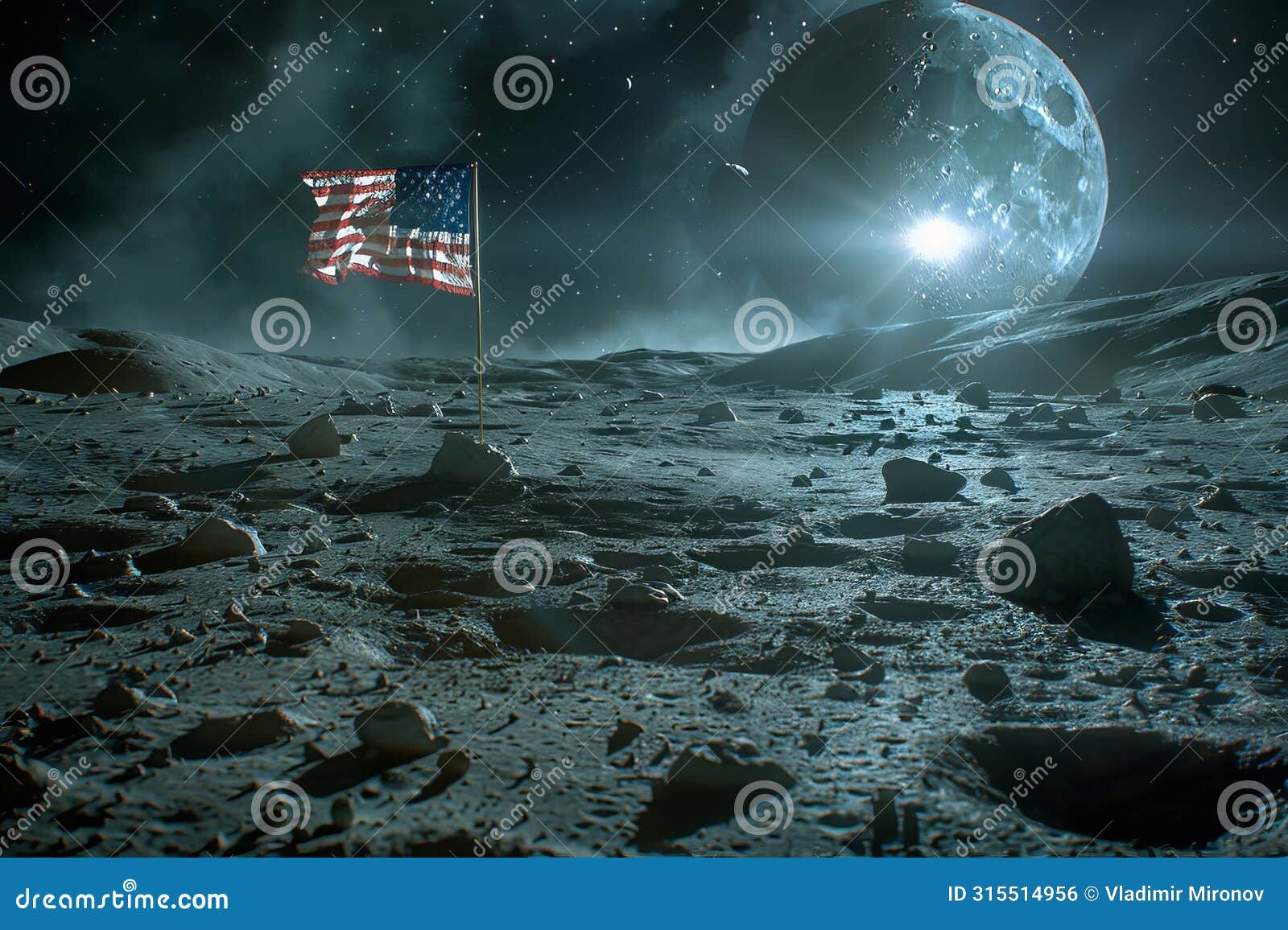 american flag waving on the moons desolate landscape