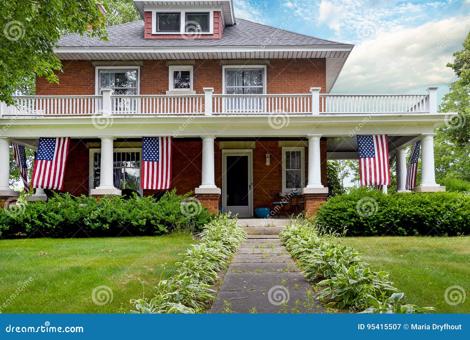 American Flags Decoration Old Brick Home Stock Image - Image of ...