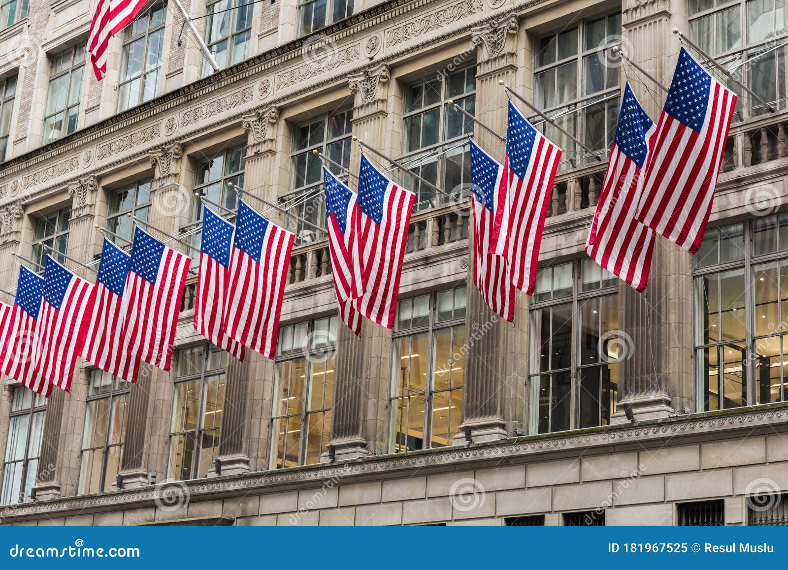 American Flags Waving on Building Stock Image - Image of blue, color ...