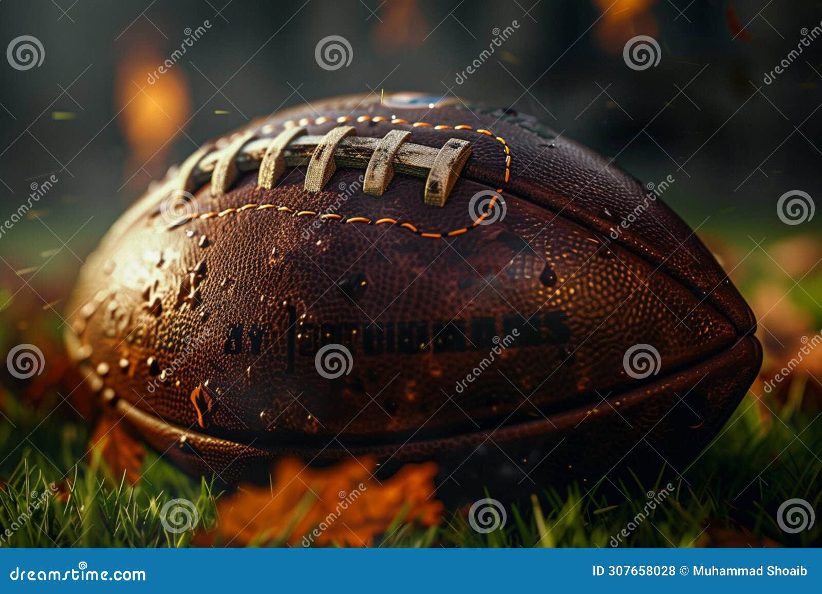 american football, crafted from leather, lays on vibrant turf