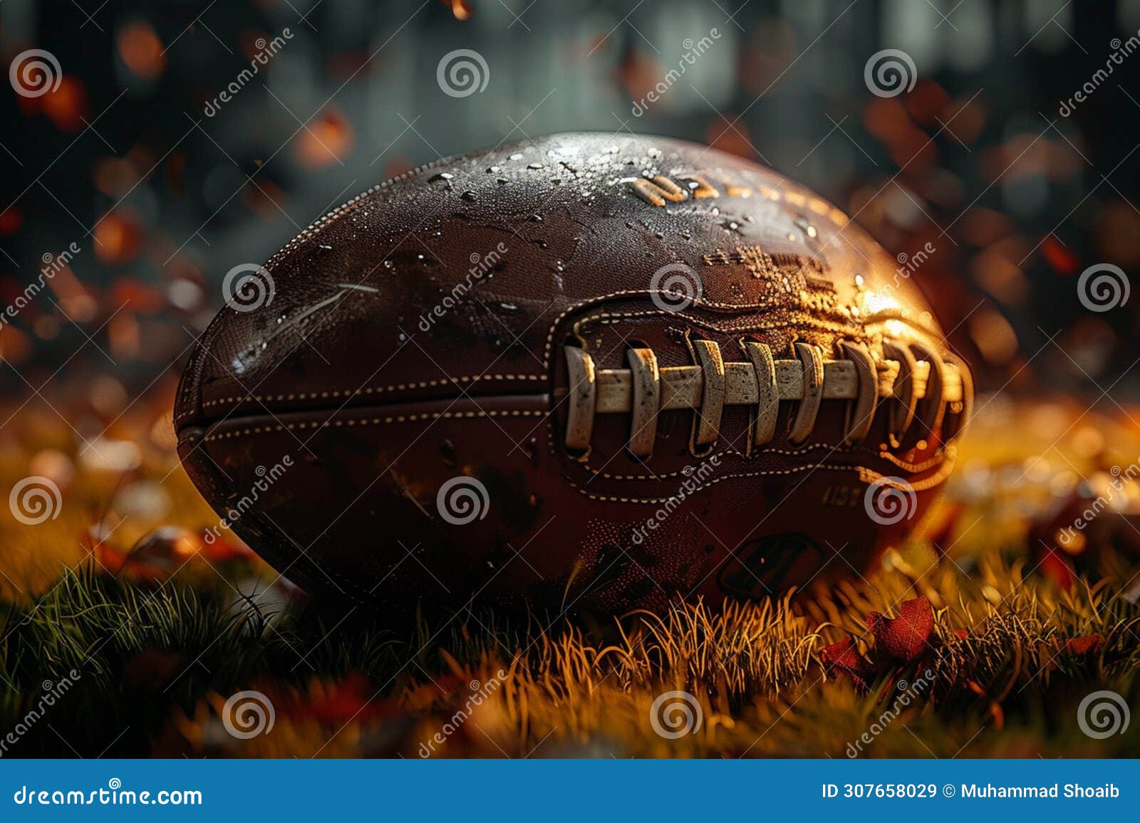 american football, crafted from leather, lays on vibrant turf