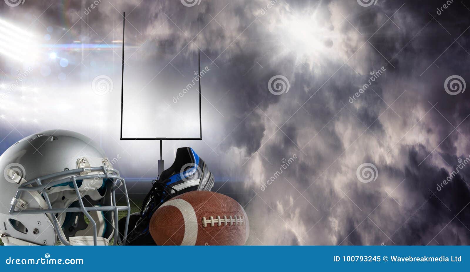 American Football Helmet Ball and Gear Equipment with Stadium