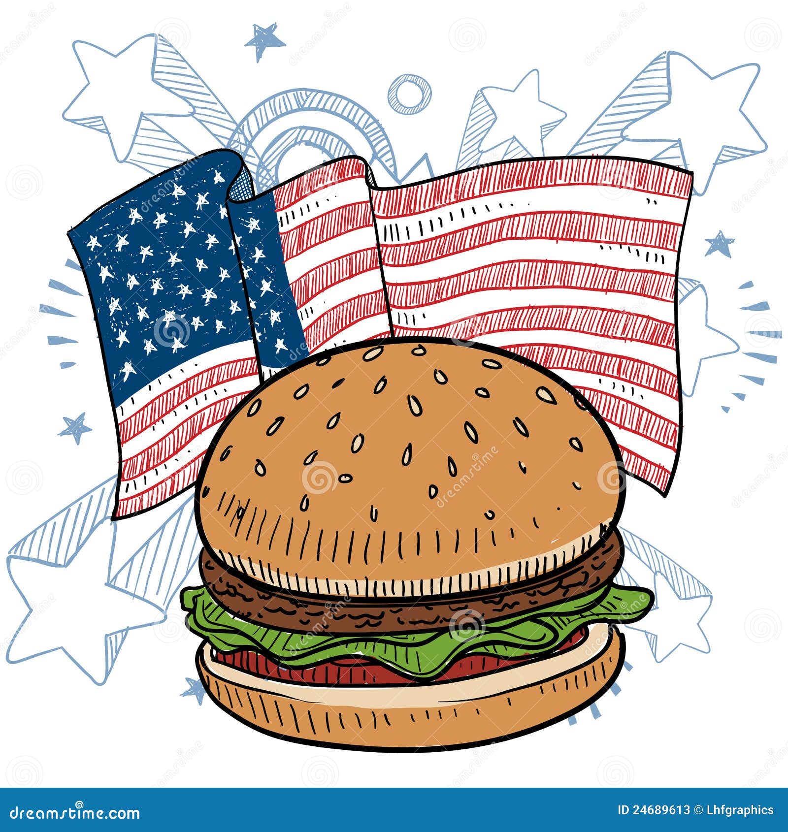 American hamburger vector. Doodle style hamburger with bun and condiments in front of a colorful American flag sketch in vector format