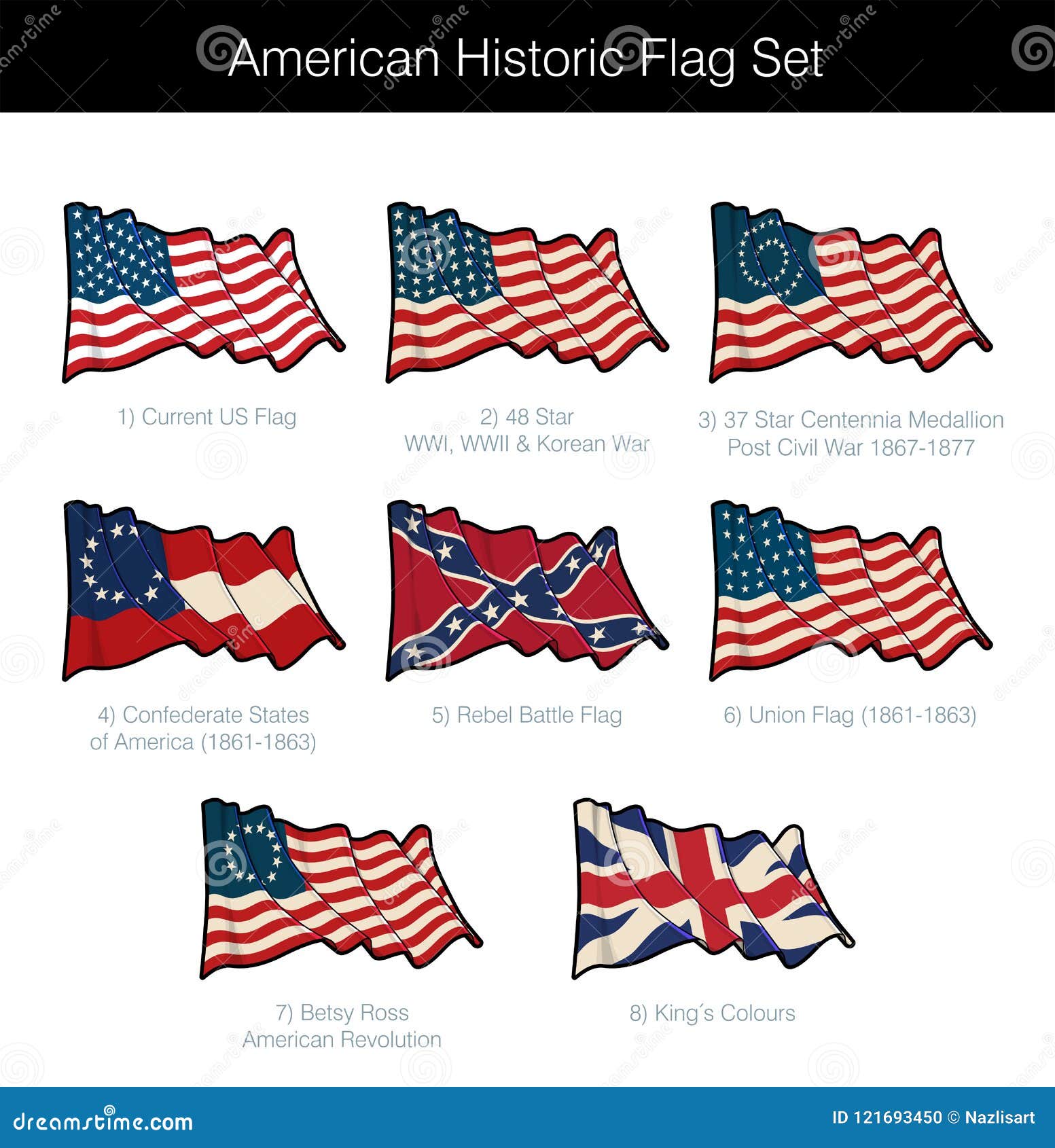 american historic waving flag set