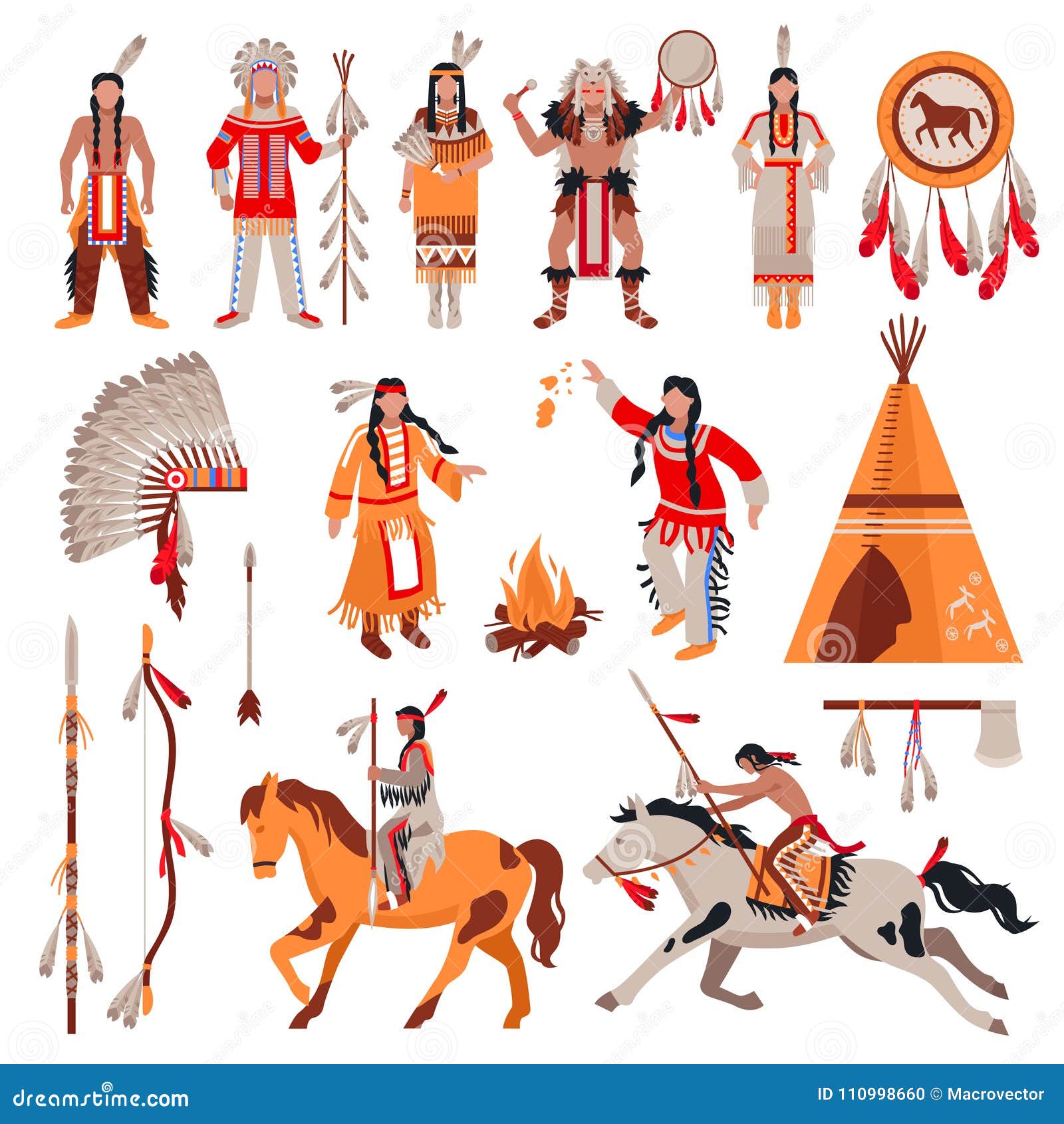 american indians decorative icons set