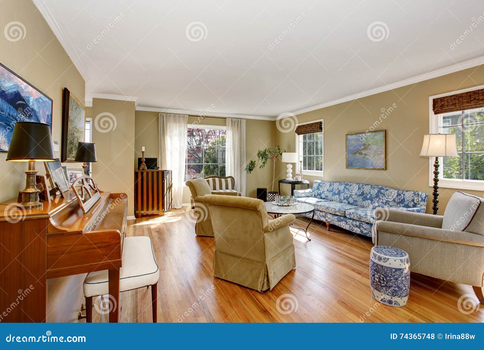 American Living Room Interior With Piano Blue Sofa And Hardwood