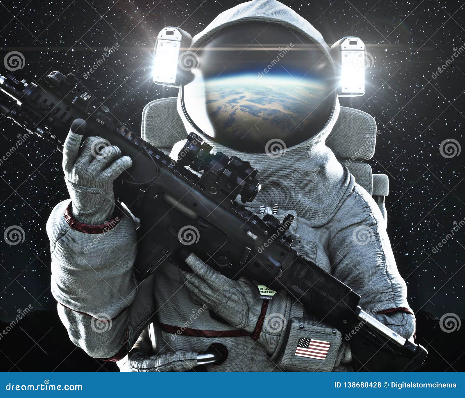 american military space force soldier holding a weapon with earth`s reflection in the helmet.