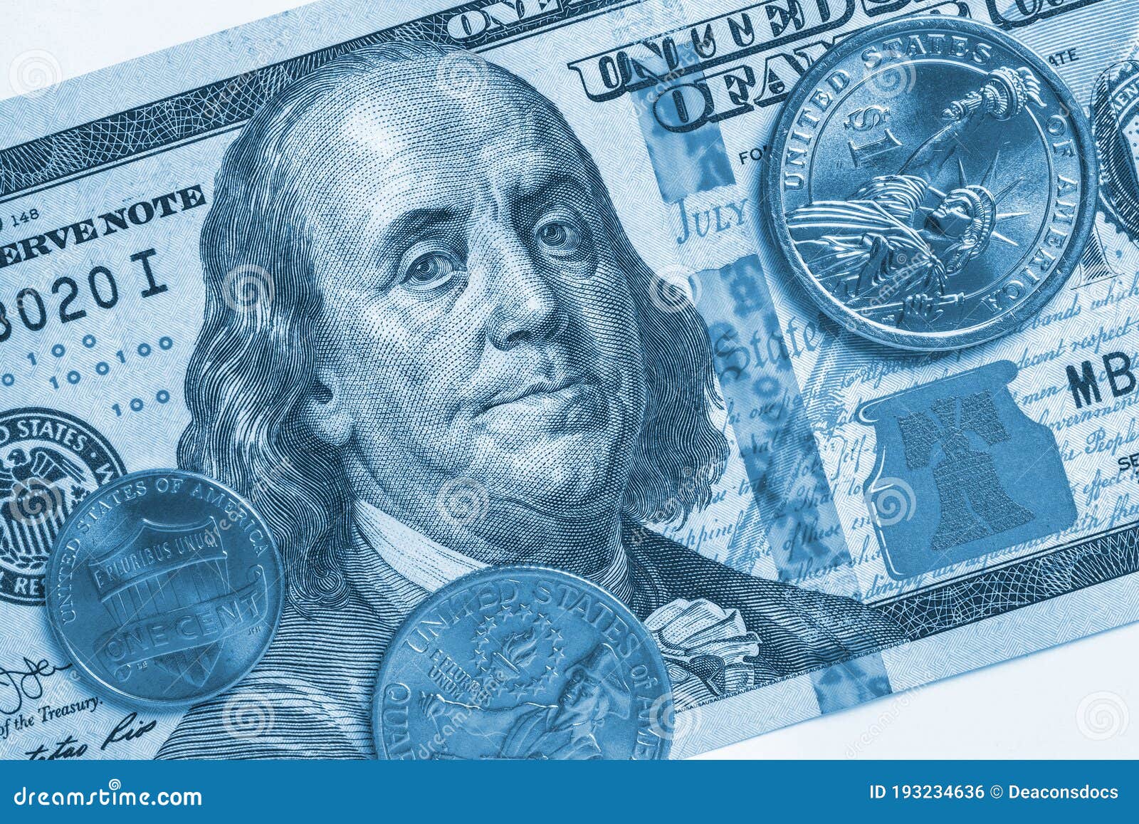 American Money: a Note of 100 US Dollars, Coin of 1 Dollar, a Quarter 25  Cents and a Penny 1 Cent. Blue Tinted Backdrop or Stock Photo - Image of  quarter, benjamins: 193234636