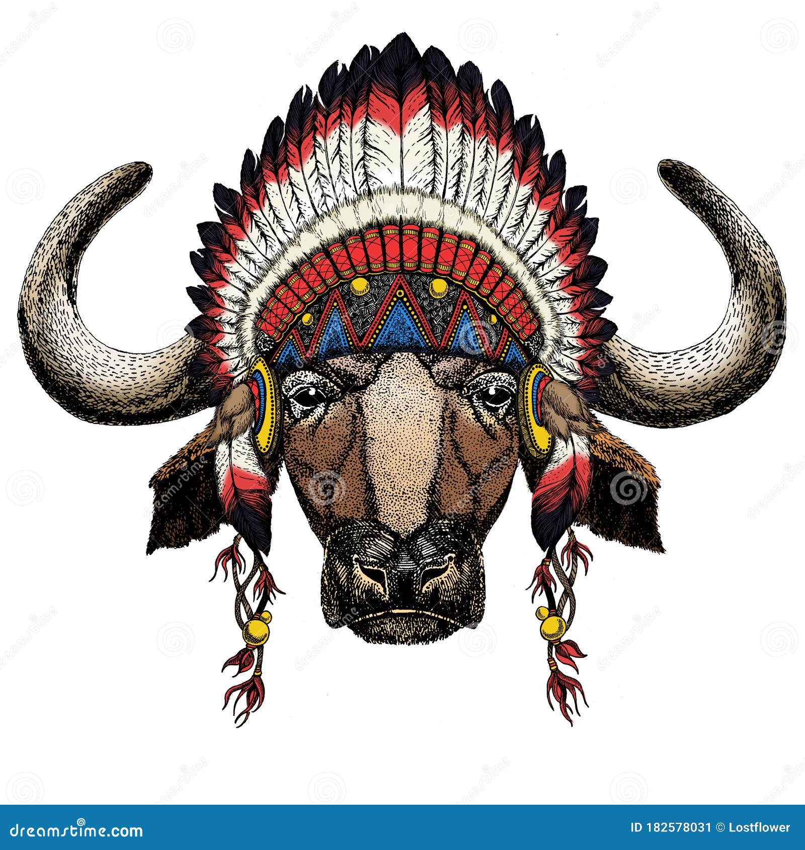 absolutte bagage Økonomi Portrait of Buffalo, Bison, Bull, Cow. Face of Animal. Indian Traditional  Headdress. Stock Vector - Illustration of buffalo, drawn: 182578031