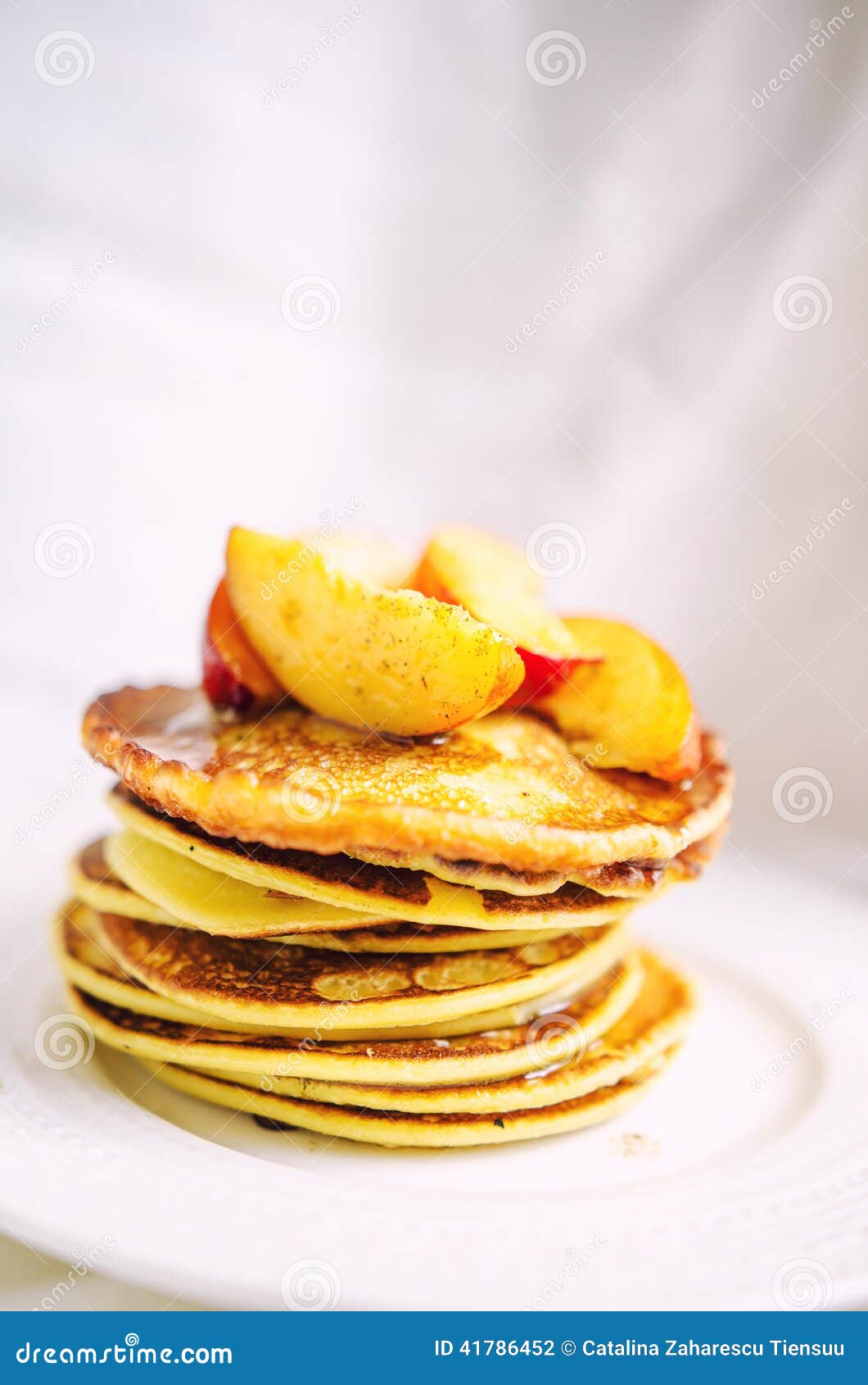 American Pancakes with Peaches and Honey Stock Photo Image of brunch