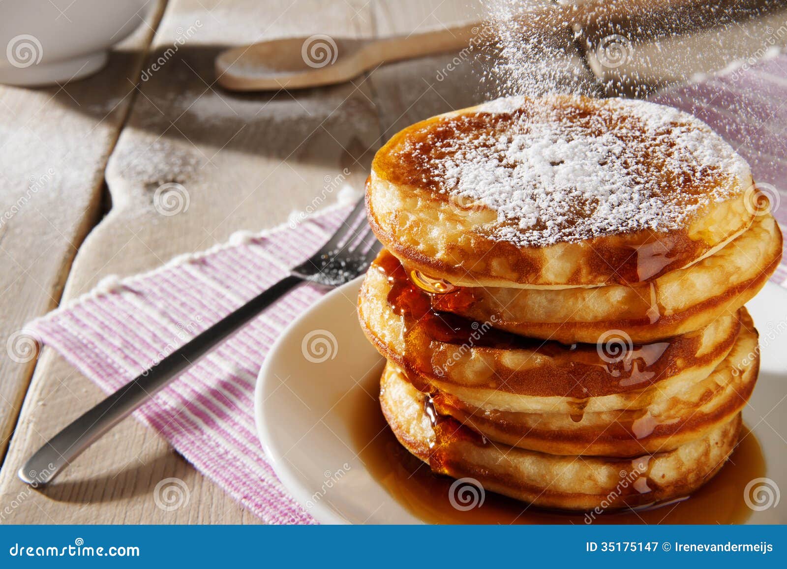 American Pancakes with Syrup and Powdered Sugar Stock Image Image of
