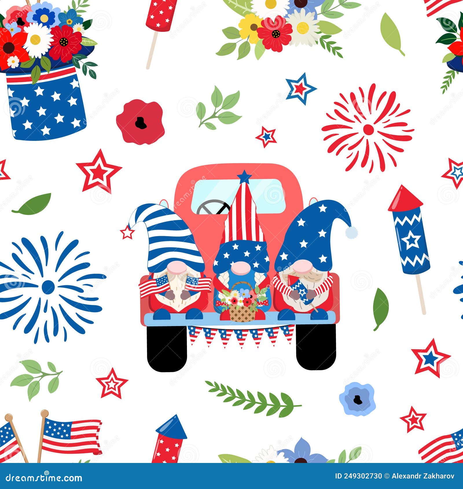 american patriotic floral truck with gnomes, crackers, top hat and sparklers. seamless pattern on white background