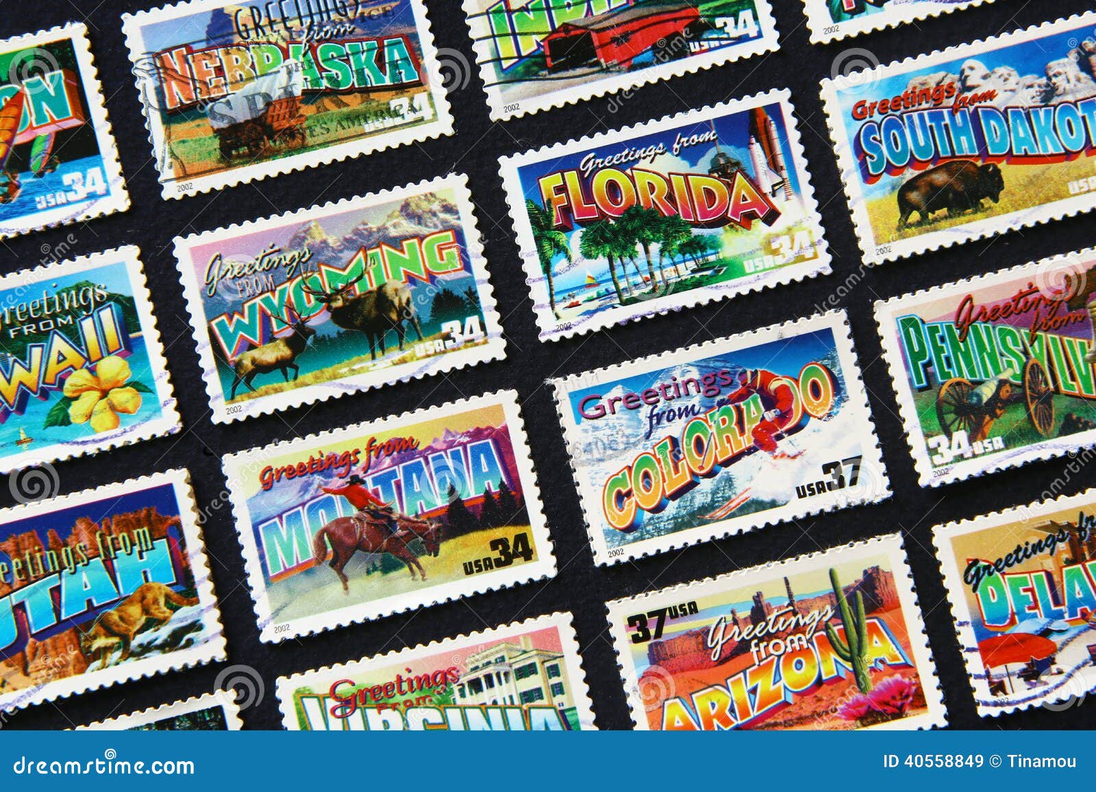 American Postcards on Postage Stamps Editorial Stock Image Image of
