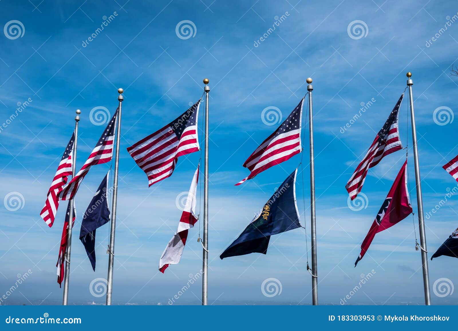 American States Flags Over Blue Sky Stock Image Image of stripes