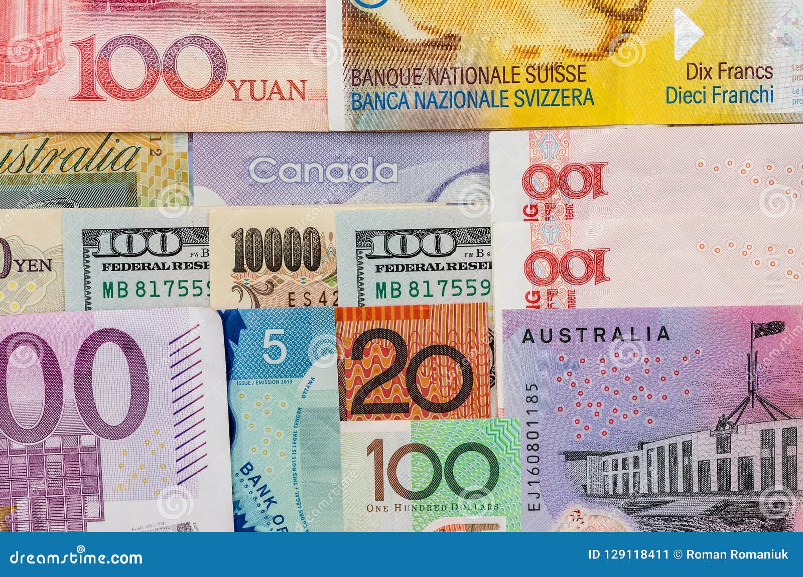American Us Canadian Australian Dollar, Euro, Japanese Yen, and Chinese Yuan Stock Image - Image of banknote, 129118411