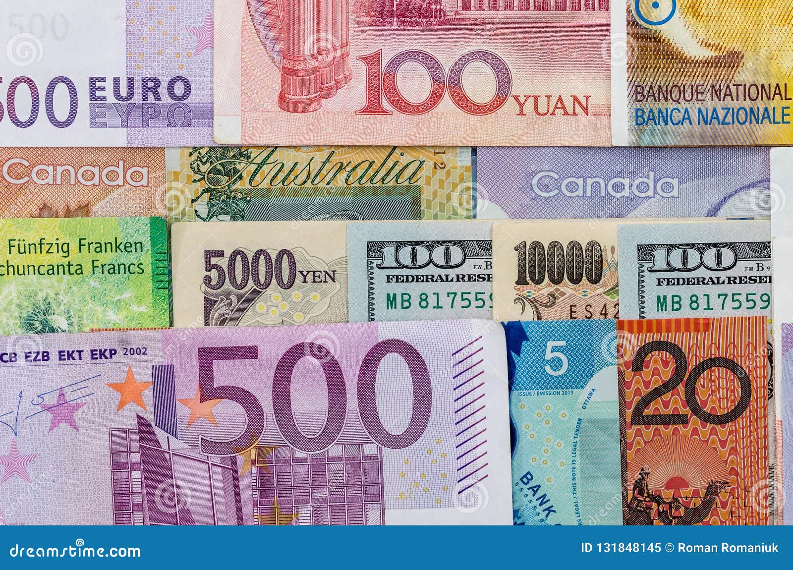 American Us Canadian Australian Dollar, Euro, Japanese Yen, and Stock Image - Image of franc: 131848145