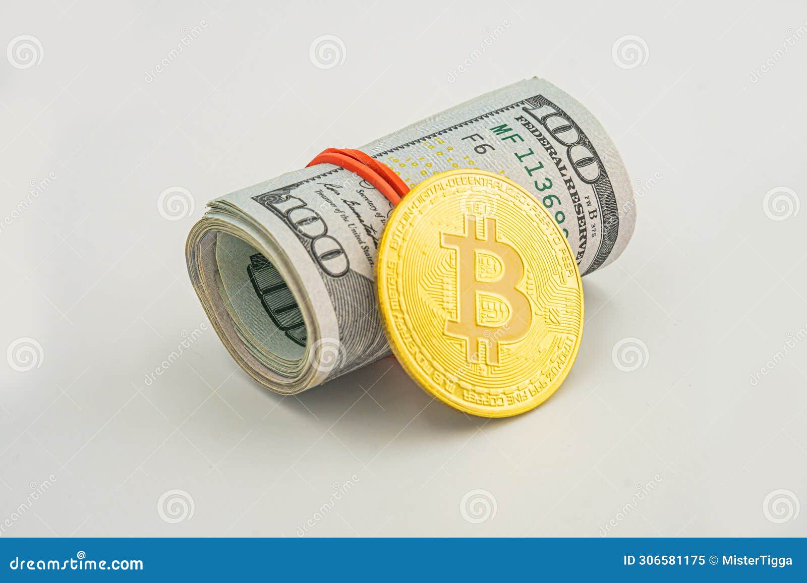 American US Dollar Bills in Rolls with Silver Bitcoin Coin. Bitcoin BTC  Coin and Roll of Dollar Bills Banknotes White Stock Image - Image of dollar,  economy: 306581175