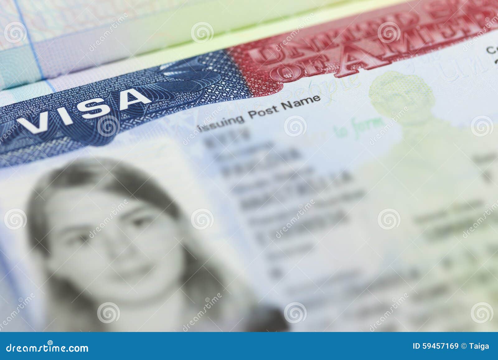the american visa in a passport page (usa) background