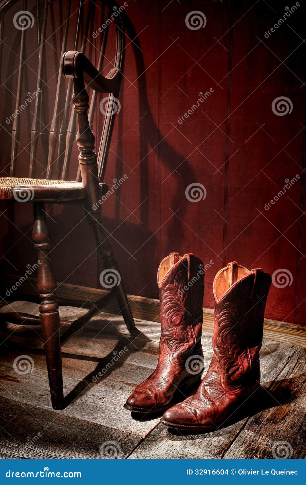 American West Rodeo Cowgirl Boots And Old Chair Stock Photo