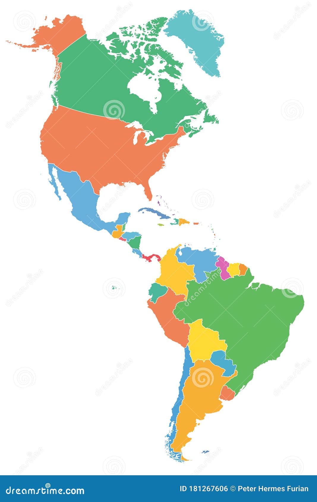 the americas, political map with single states in different colors