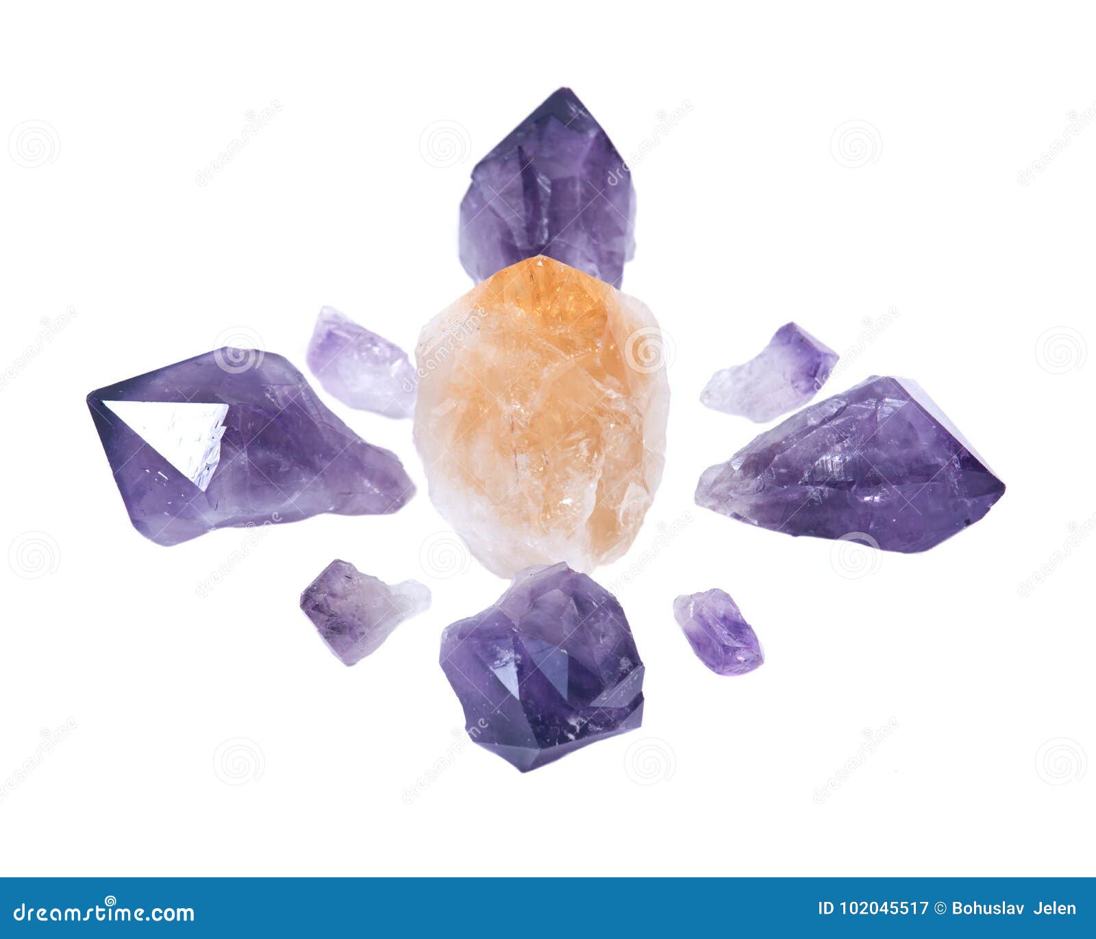 Amethyst and Citrine Natural Points Arranged in Crystal Grid Stock Image Image of citrine