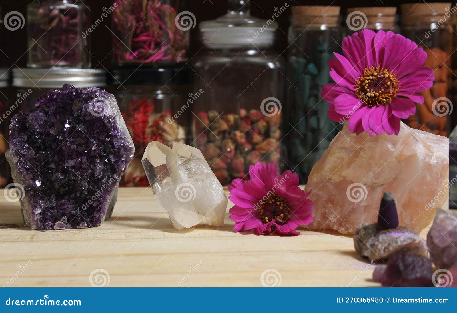 Amethyst Crystals with Flowers and Incense Cone on Meditation Table Stock Photo Image of
