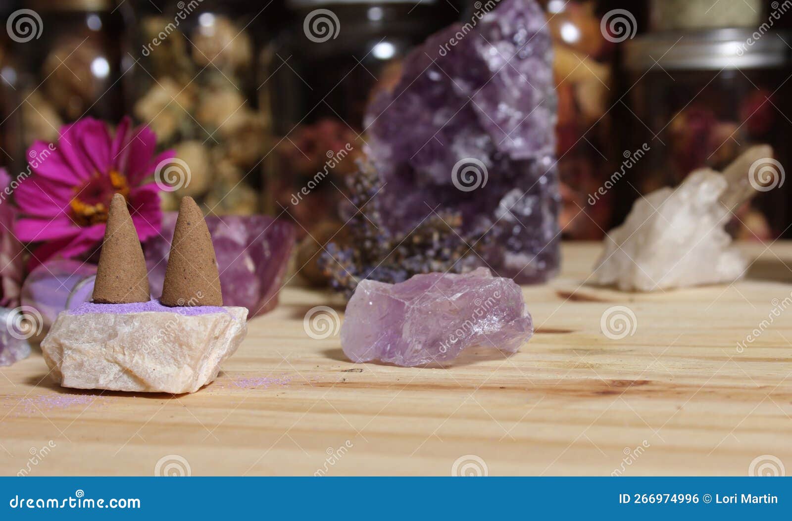 Amethyst Crystals with Flowers and Incense Cones on Meditation Table Stock Photo Image of pink