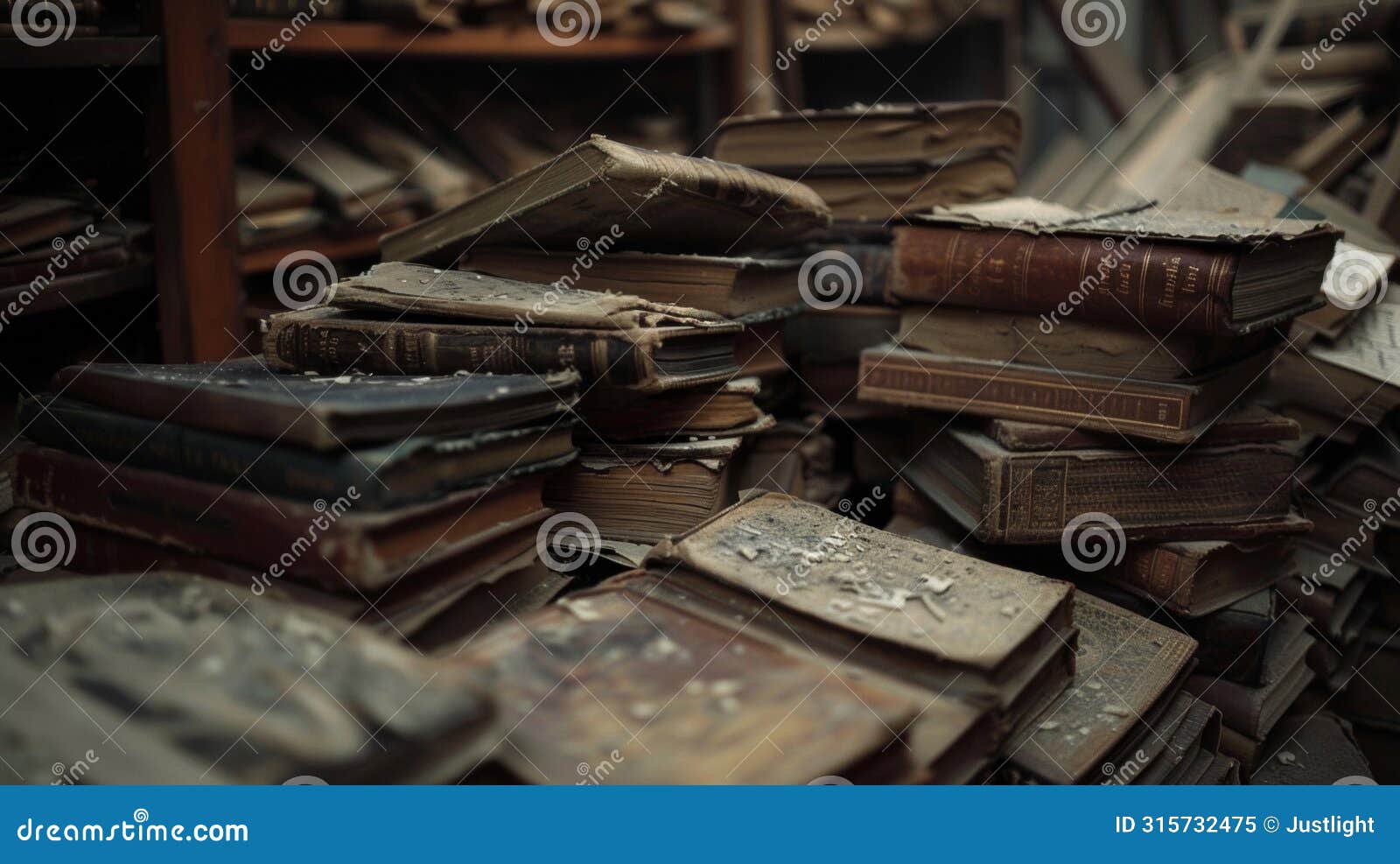 amidst the chaos of a cluttered attic the outlines of faded leatherbound books dating back centuries emerge in the