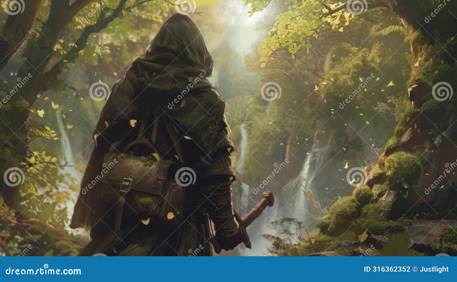 amidst a lush forest a hooded figure roams with a leather satchel sped to their belt. this traveling healer has a vast