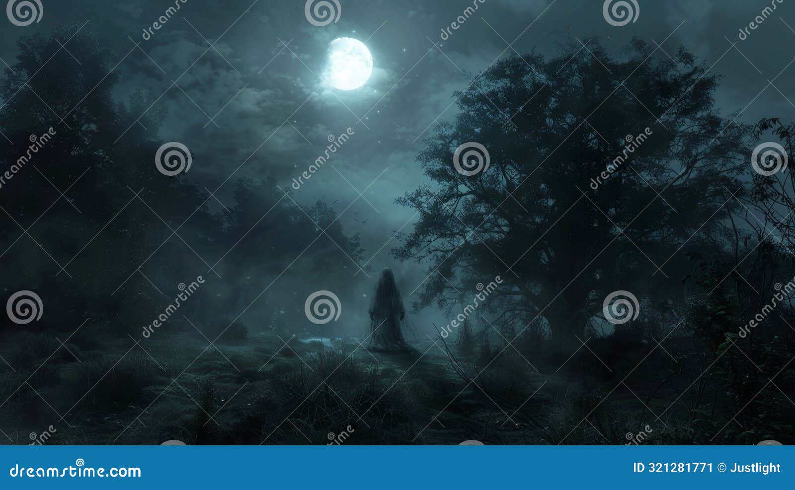 amidst the moonlit mist a translucent figure materializes its haunting gaze fixed on the center of the clearing