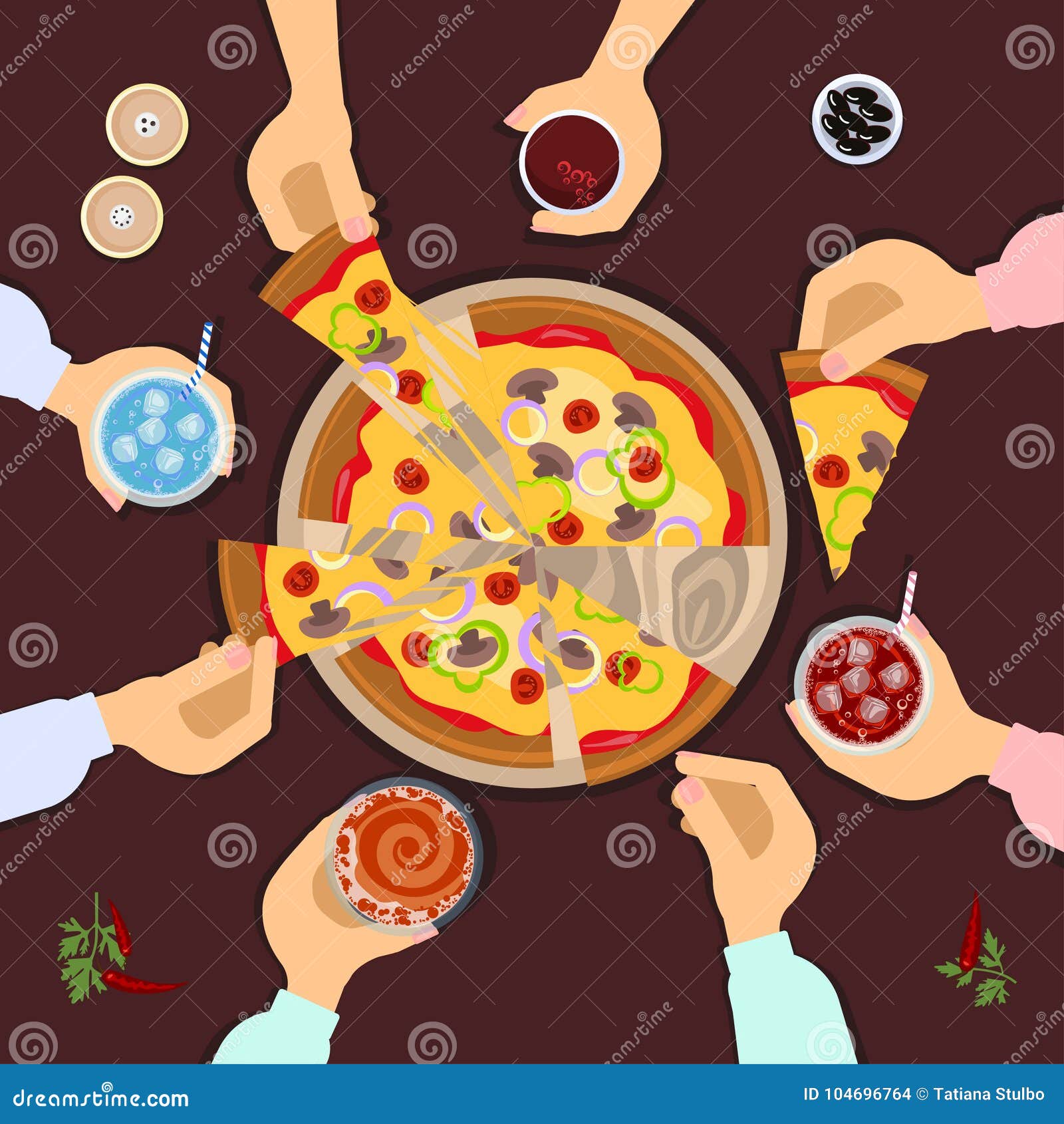 Amigos que comen la pizza ilustración del vector. Ilustración de mano